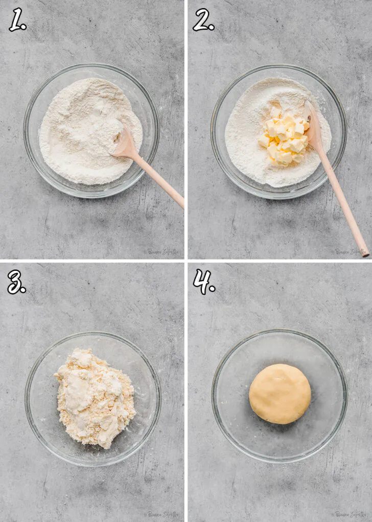 Make dough for cake with butter, flour, and sugar
